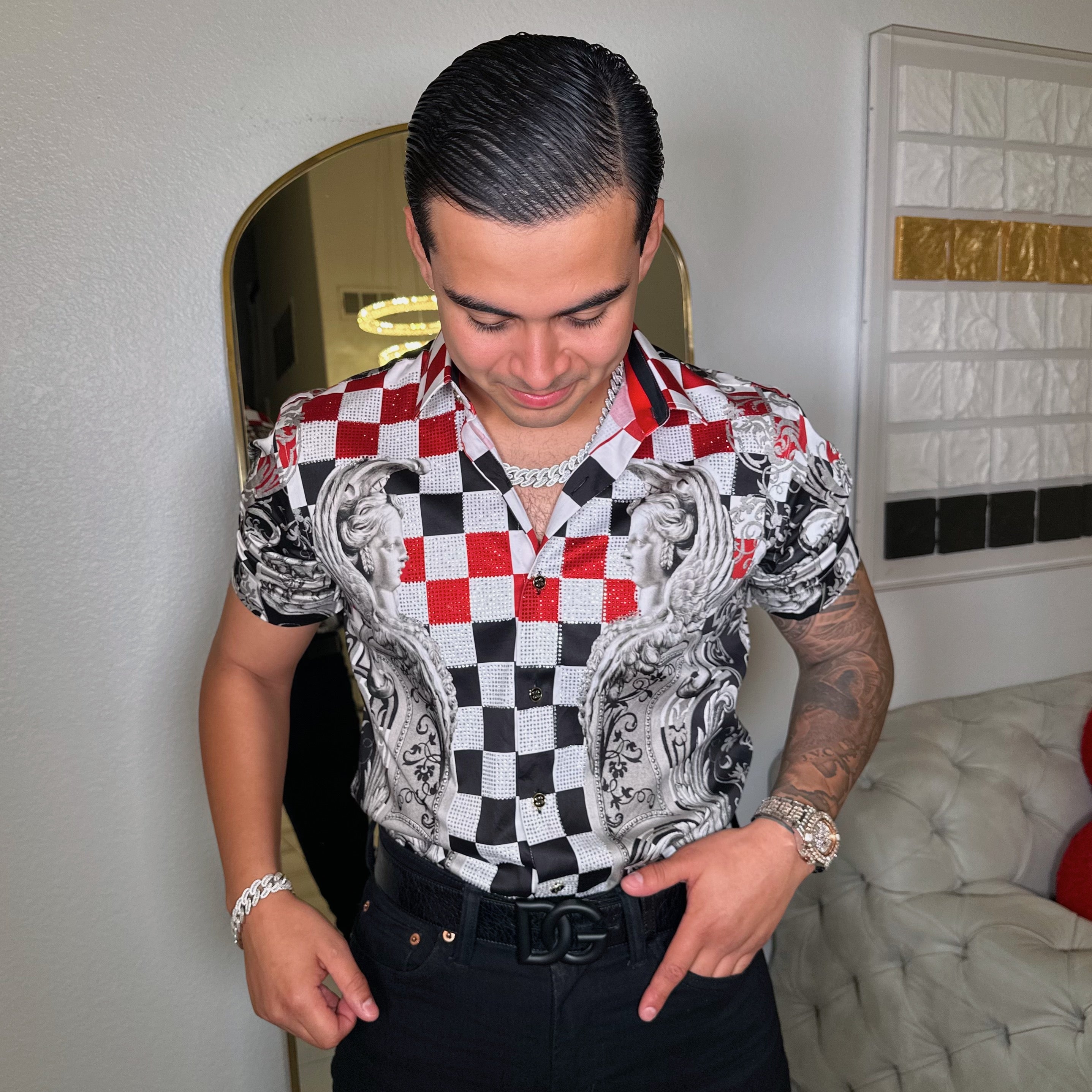 Ajedrez rhinestone short sleeve shirt RED/BLACK